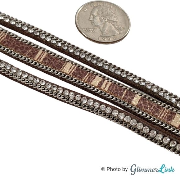Brown Multi Strand Faux Leather Rhinestones Wrap Bracelet Magnetic Clasp - Picture 7 of 9